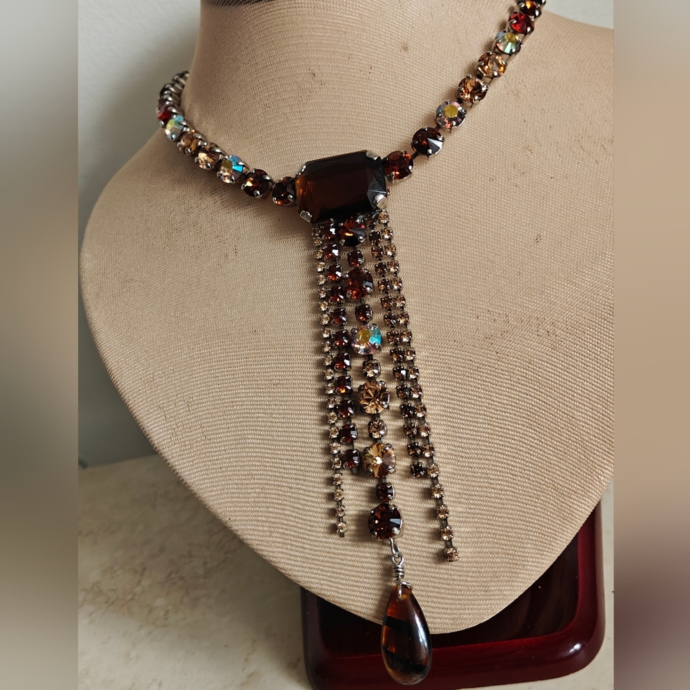 Designer LK Elegant Brown Crystal Waterfall Necklace